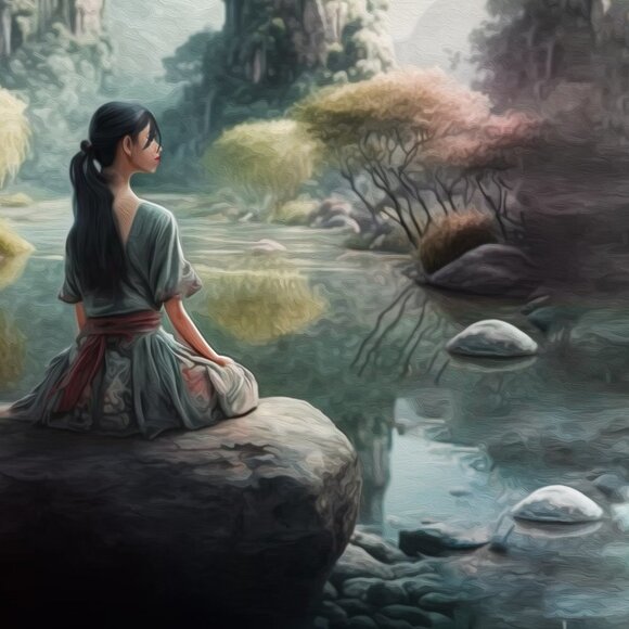 8x10 Lady Meditating on a‎ Rock Fantasy Art Oil Painting Print - Picture 6 of 6